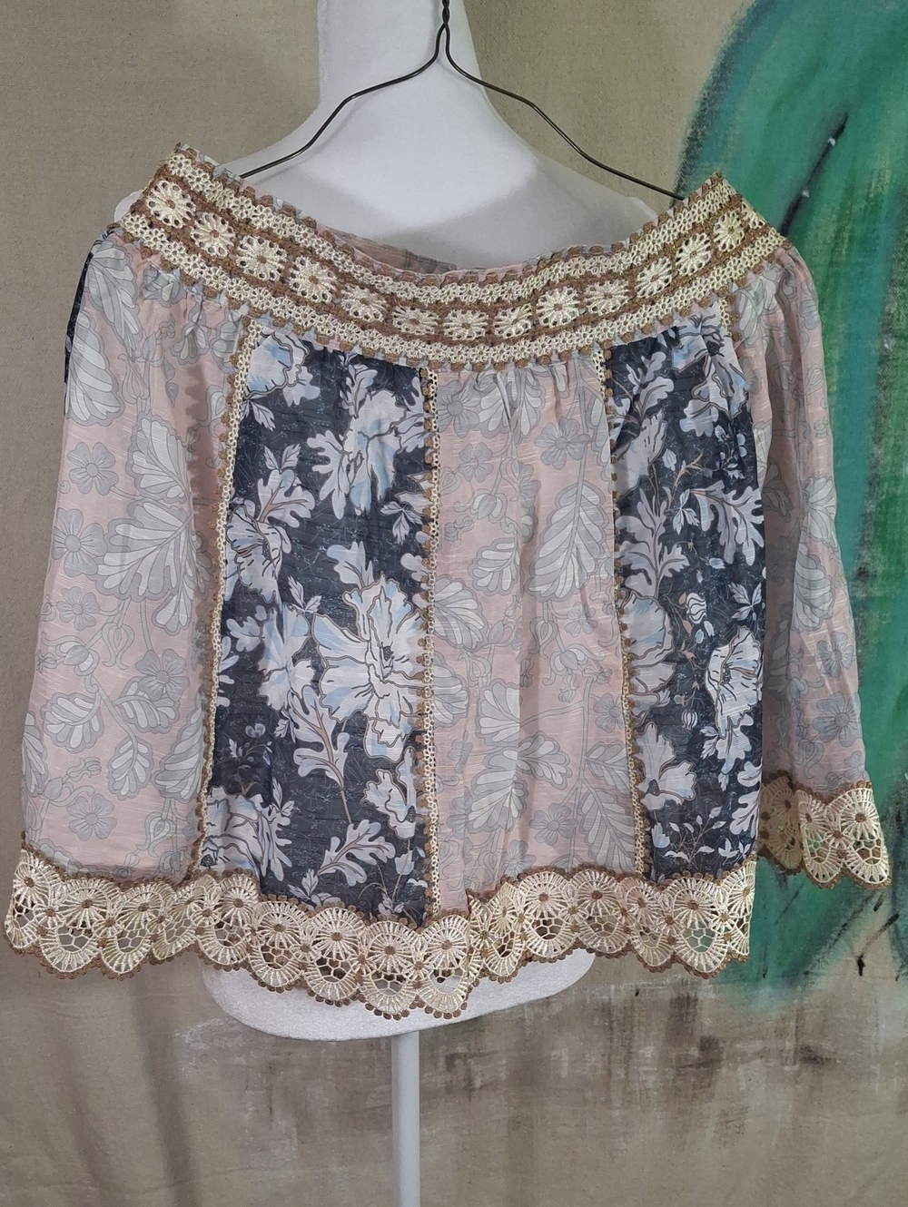 Ina AVARA L Boho Patchwork Peasant Top - Pink, Blue, Gold
